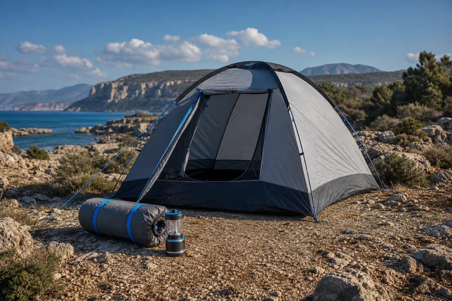 Kamp için hazırlanmış çadır ve outdoor ekipmanları
